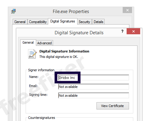 Screenshot of the Drobo Inc certificate